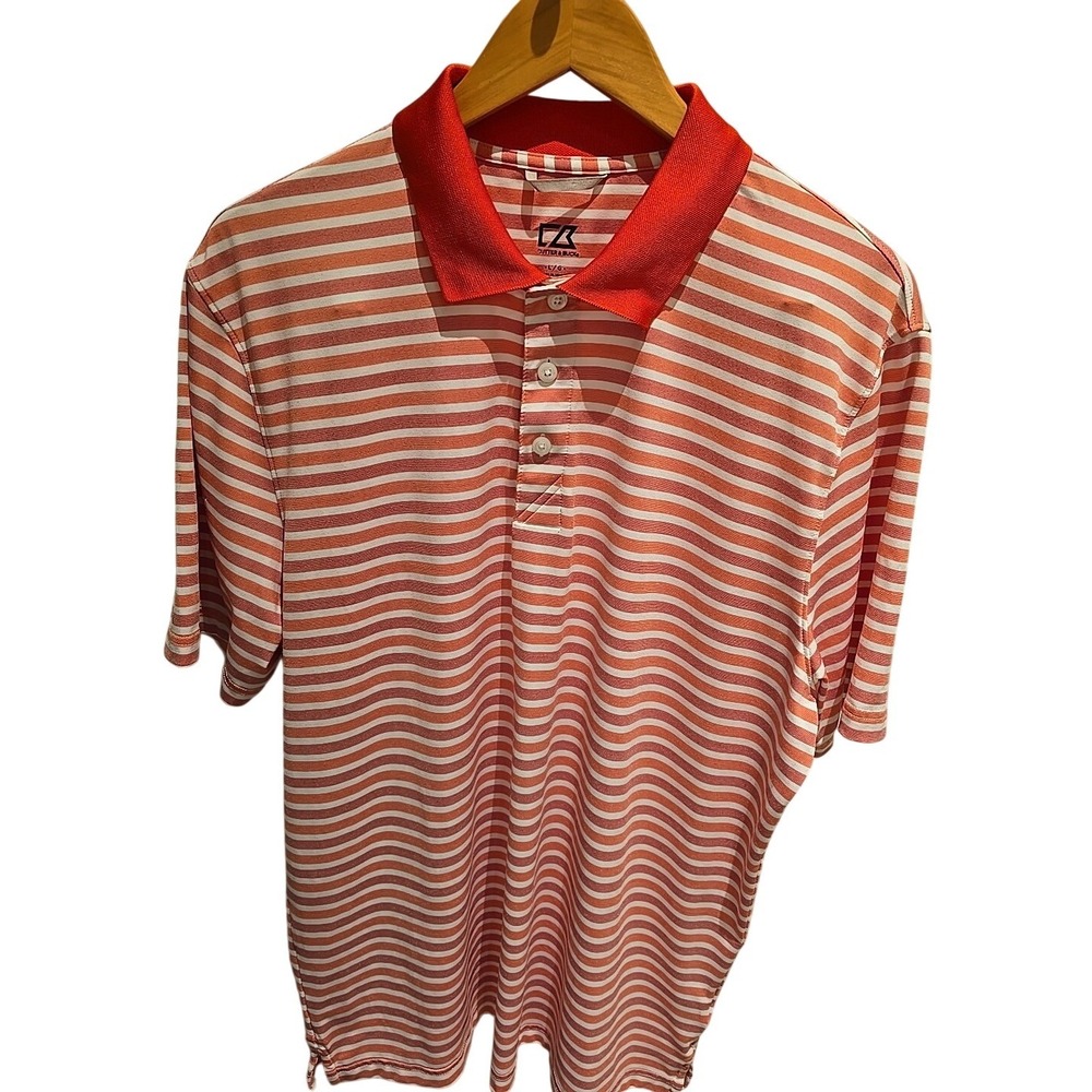 Cutter & Buck Men's Golf Polo DryTec 50+ UPF, XL, Orange And White Striped.